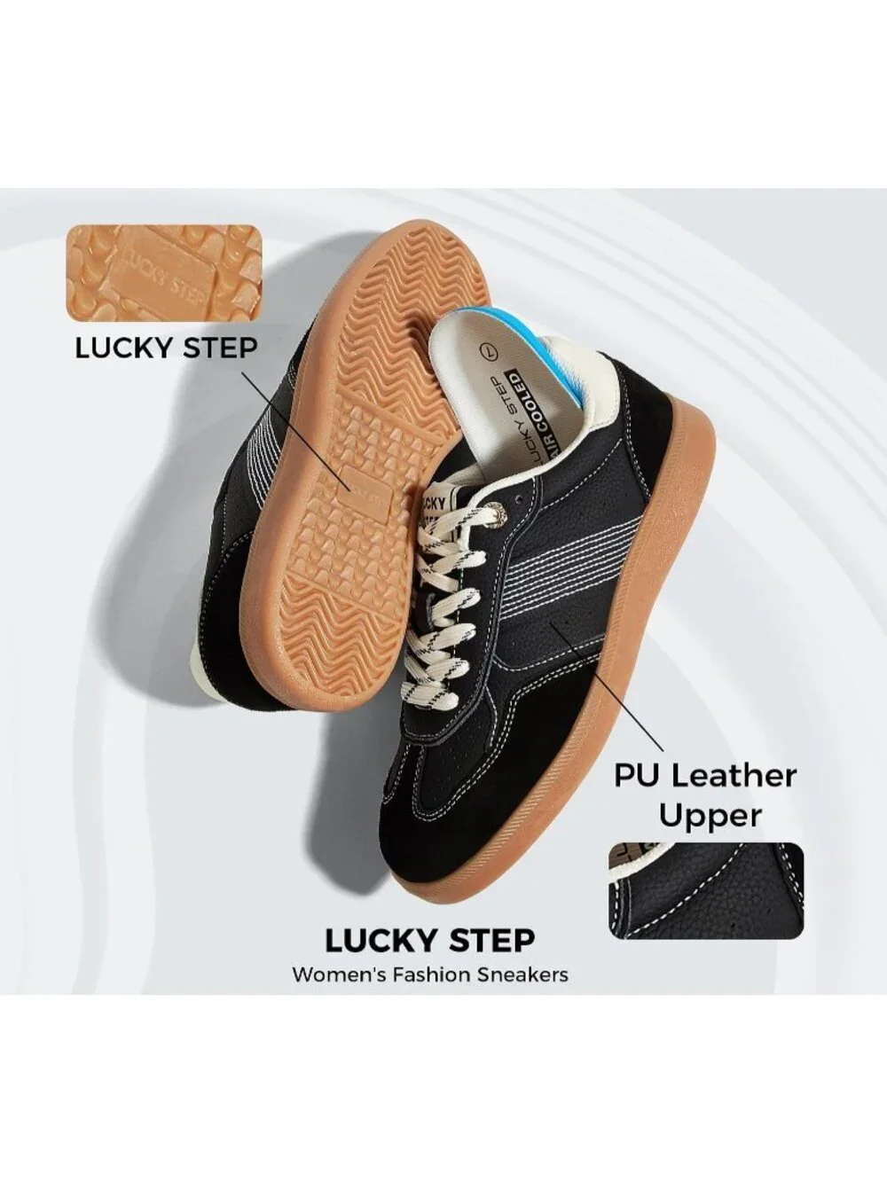 Women's Black Faux Leather Comfortable Trendy Casual Retro Skate Fashion Sneaker